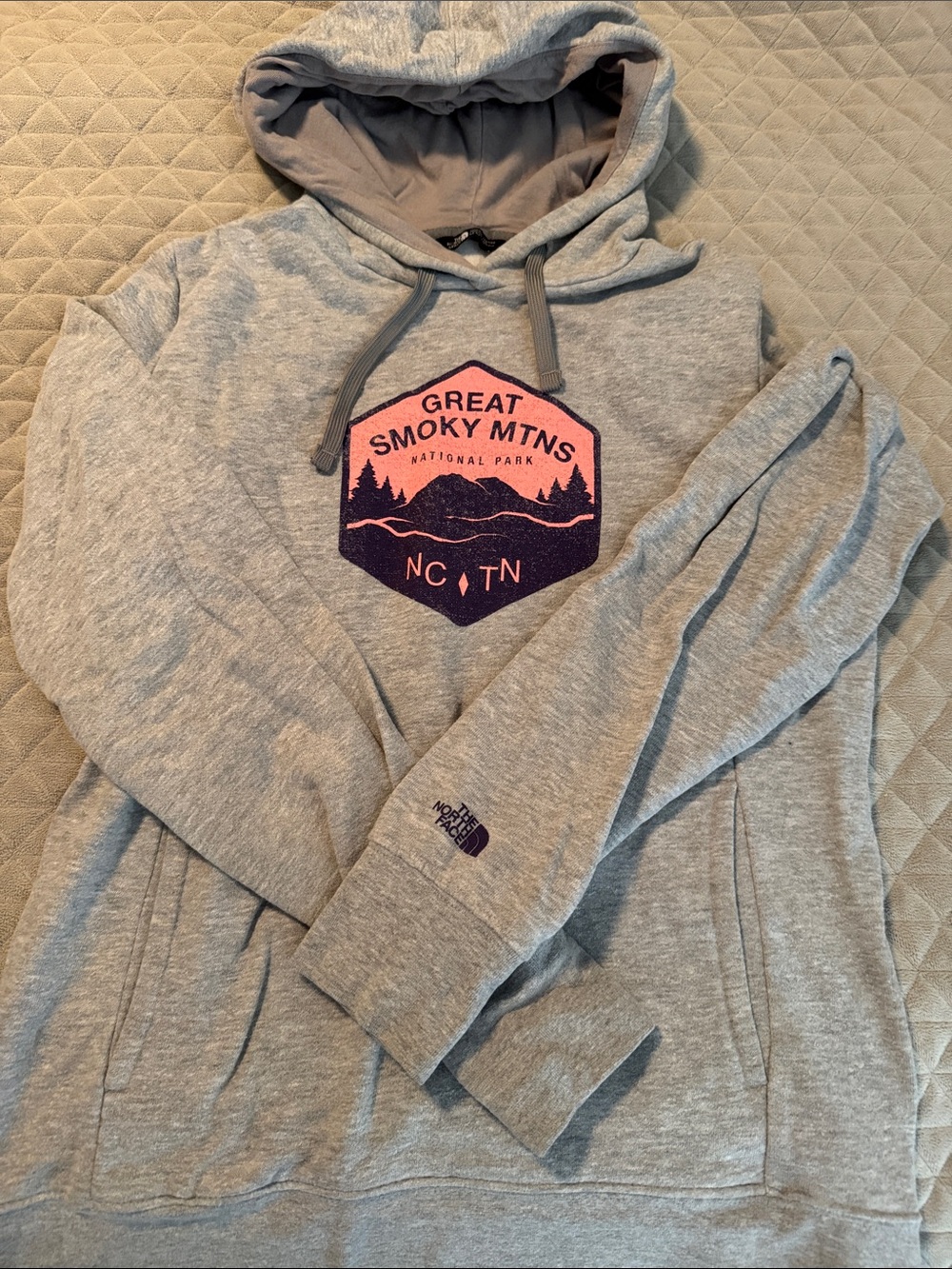 The North Face women’s Light Gray Hoodie with Pink & Navy Graphic